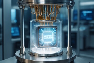 Futuristic quantum computer core glowing with blue circuitry inside high-tech lab environment, symbolizing advanced computational technology. Ai generative