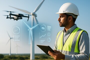 Engineer using drone and digital interface for wind turbine monitoring in field with clear sky background, symbolizing smart energy technology concept. Ai generative
