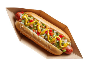 Delicious Hot Dog Delight: A close-up shot of a perfectly crafted hot dog, nestled in a paper tray, offering a delectable medley of flavors and textures