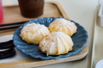 Cream puffs in bakeries and coffee shops.