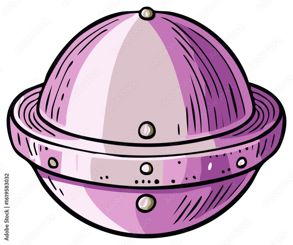 Poster stylized illustration of a round, segmented pink object with vertical lines and small circles.