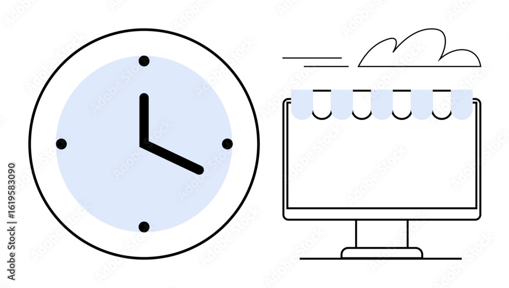 Poster clock representing time beside a computer monitor with a storefront awning, signifying time efficien