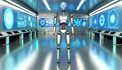 Humanoid robot standing in futuristic control room monitoring data on multiple screens