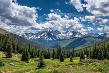 Obraz premium Lush green valley nestled amidst snow-capped mountains under a vibrant blue sky