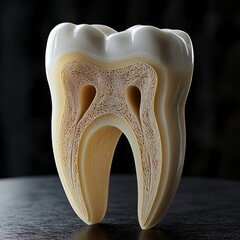 Slice cut of tooth, healthy tooth slice cut in half isolated black background