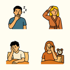 Flat cartoon characters showing morning fatigue, struggling with drowsiness, alarm clock, and lack of sleep