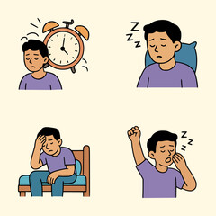 Flat illustration of sleepy male character with alarm clock, pillow, and bed, expressing fatigue and morning tiredness
