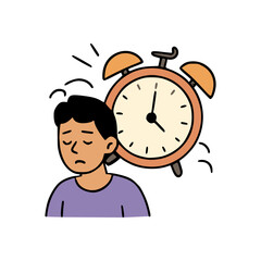 Sleepy male character in purple shirt feeling exhausted while alarm clock rings loudly in background
