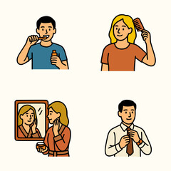 Flat style illustration of man and woman preparing in the morning with hygiene and grooming activities