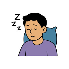 Tired person taking nap with eyes shut and relaxed posture, lying back on soft blue pillow