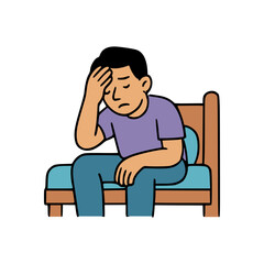 Male character looking exhausted and holding head while seated on bed wearing purple shirt and blue pants
