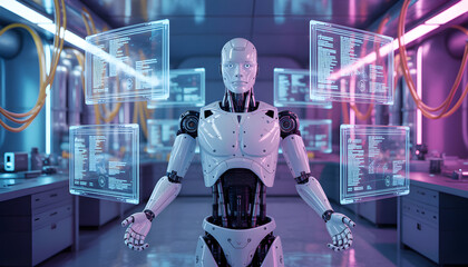 Humanoid robot analyzing data on futuristic transparent displays in laboratory setting