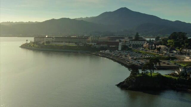 Aerial view of San Quentin Rehabilitation Center, a California state prison for men, located north of San Francisco in the USA, on a sunny day.