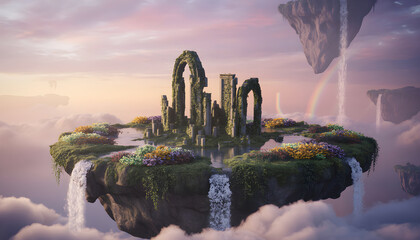 Floating island with ruins and rainbow at sunset: fantasy landscape