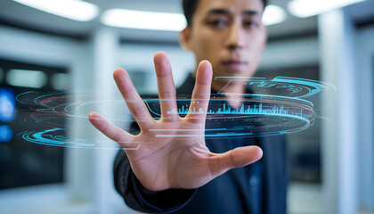 Businessman using holographic interface in futuristic office setting