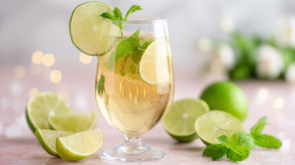 Fototapeta premium A delicious Hugo Spritz cocktail with lime and mint, perfect for summer.