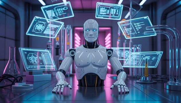 Robot scientist working in futuristic laboratory with holographic interface screens - Powered by Adobe