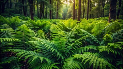 Serene forest atmosphere with lush ferns and dark greens creating a peaceful ambiance