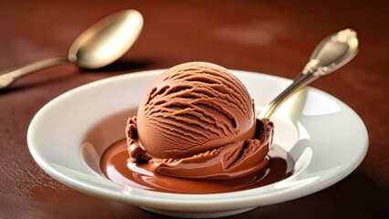 Chocolate Ice Cream in Bowl with Spoons on Wooden Tabletop