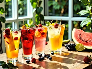 Glasses with Colorful Drinks and Fruit by Window with Tree View