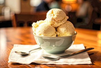 Ice Cream Bowl on Table with Spoon and Fork in Restaurant Setting