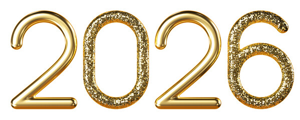Gold Glitter 2026 Metallic 2026 Symbol. Lettering For New Year Celebration. 3d render illustration.