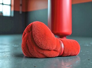 Red Towel and Punching Bags on Gym Floor in Training Room