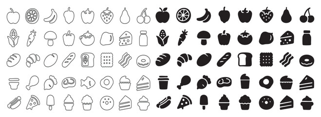 Food Icons Vector Illustration Set: Fruits, Vegetables, and Culinary Delights