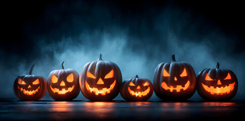 Row of Glowing Jack-O'-Lanterns with Varying Expressions Illuminating Dark Background in Mist