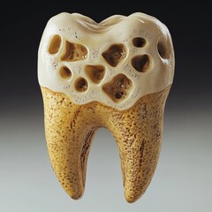 a single human tooth, showing damaged, with numerous cavities and decay