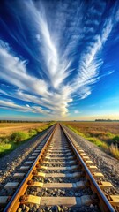 A long train stretches out on a straight railway track under a clear blue sky with a few wispy clouds