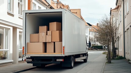 Moving truck with moving boxes and furniture inside