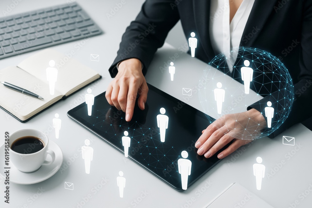 Poster businesswoman using tablet with digital human icons representing networking technology concept on li