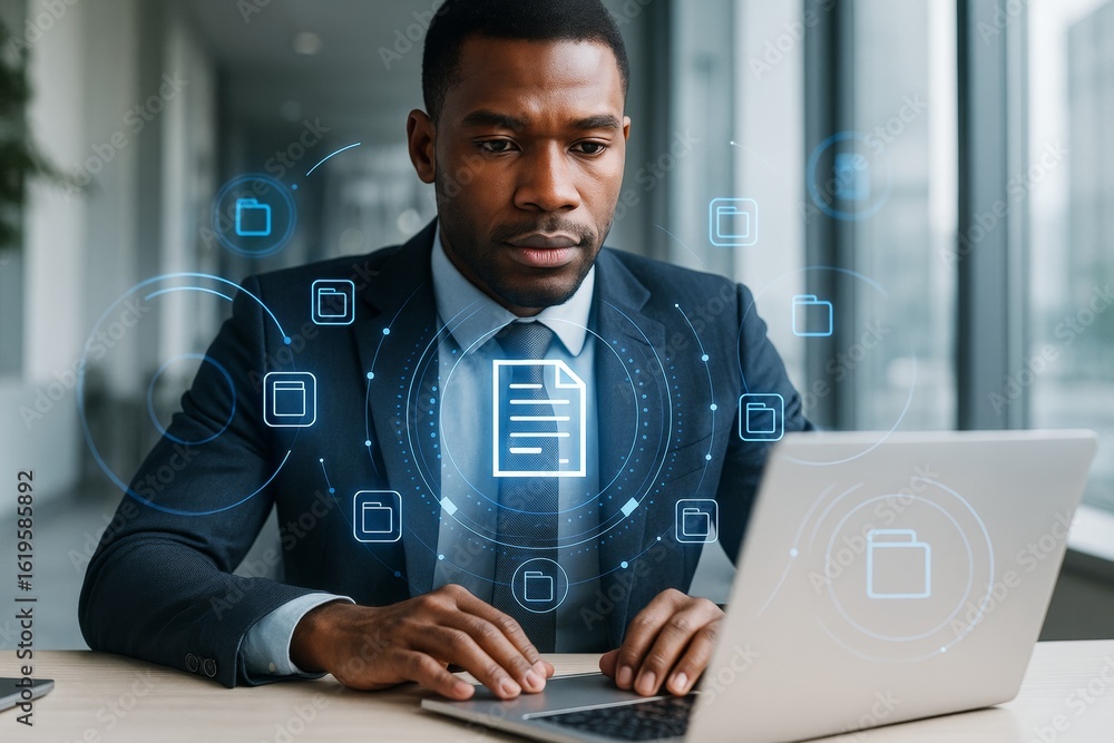 Poster businessman working on laptop with digital document icons floating around on futuristic technology i