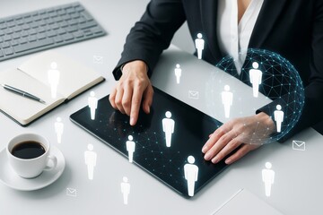 Businesswoman using tablet with digital human icons representing networking technology concept on light office background during work process.