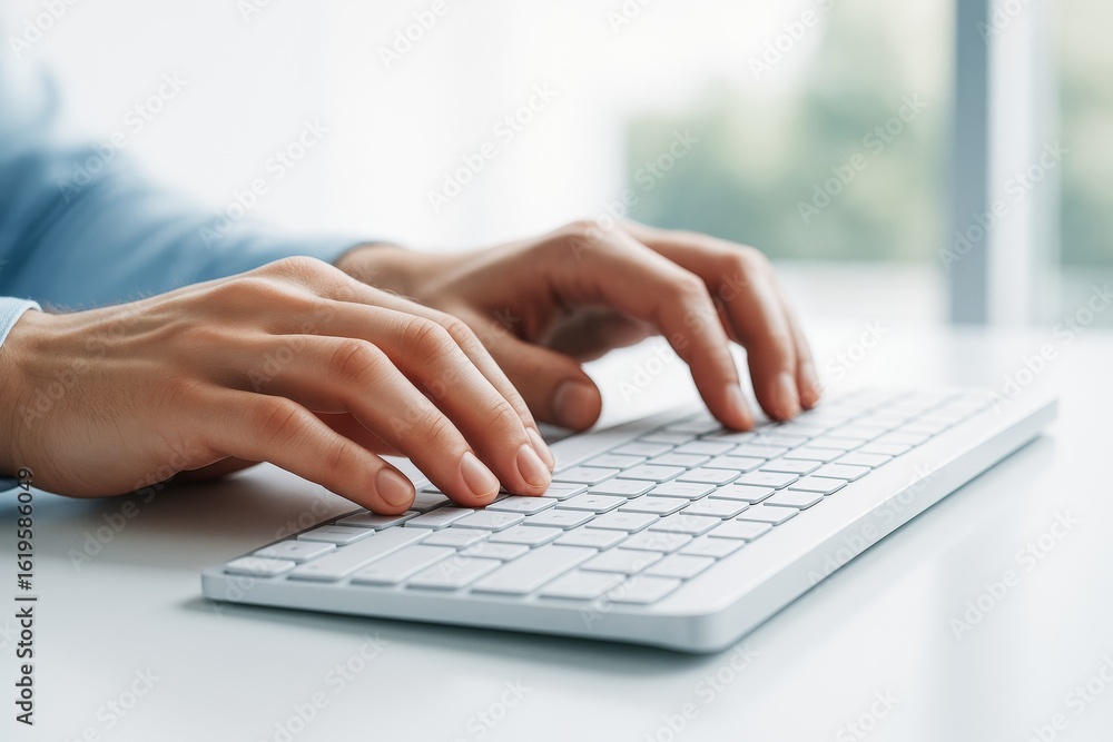 Poster close-up of hands typing on a white keyboard in bright office setting with blurred background, symbo