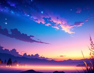 星が輝く夕焼け空と山並みが広がる幻想的で美しい夕暮れの風景イラスト