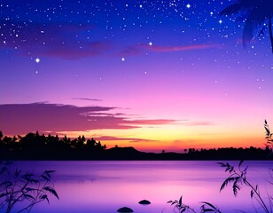 湖に映る夕焼けと星空が美しい幻想的なトワイライトの風景イラスト