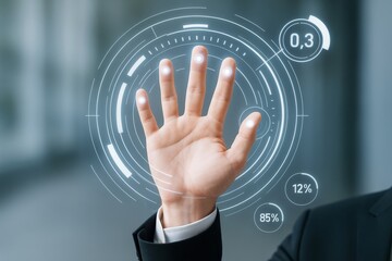 Futuristic biometric hand scan interface with glowing digital HUD elements on a modern blurred background, symbolizing advanced technology interaction.