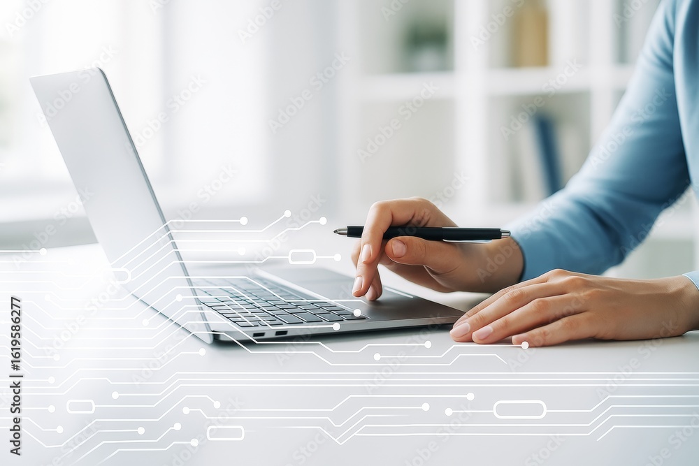 Aufkleber business person using laptop with futuristic digital interface on light background for technology an