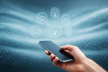 Hand holding smartphone with technology icons, abstract blue background with glowing light effects and digital tech interface concept.