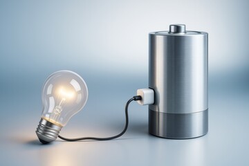 Metallic battery connected to glowing lightbulb symbolizing energy and innovation on smooth gradient background. Ai generative.