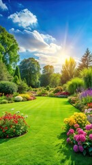 Lush green grass lawn with blooming flowers in a beautiful garden during a sunny summer day