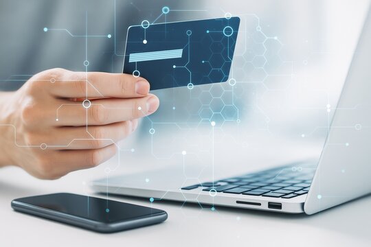 Person holding credit card near smartphone and laptop with digital circuit overlay on light background, representing online business technology concept.