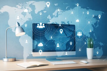 Digital network connection concept with computer and world map background on modern desk, symbolizing global communication and data sharing.