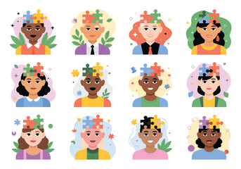 Diverse group of people with puzzle pieces on their heads representing mental health awareness and cognitive abilities and problem solving skills