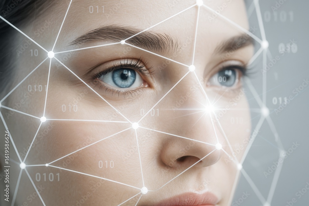 Aufkleber close-up of woman's face with digital facial recognition grid and glowing nodes on light gray backgr