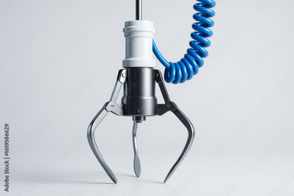 Poster futuristic robotic claw mechanism with coiled cable on light background representing high-tech autom