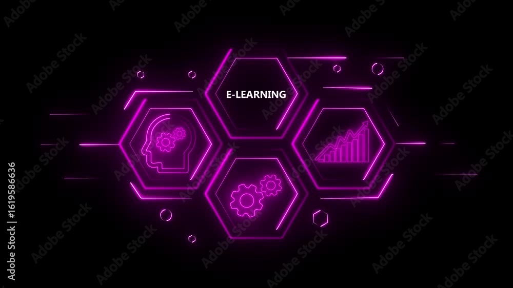 Aufkleber technology business managements. glowing neon text e-learning with alpha channel. technology and net