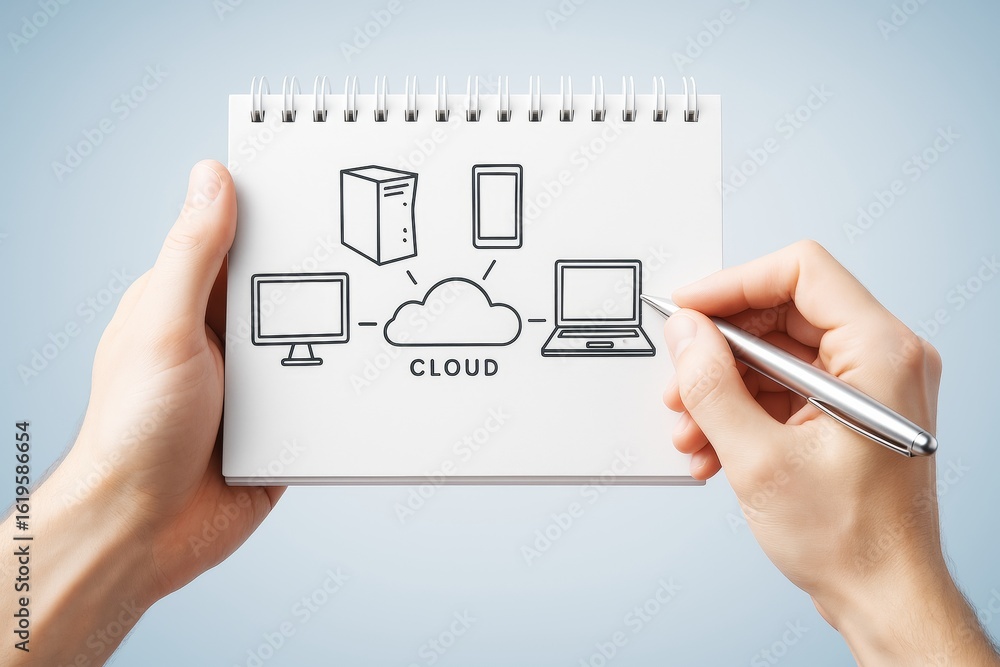 Poster hand drawing cloud computing network with laptop, desktop, server, and smartphone icons on notepad w